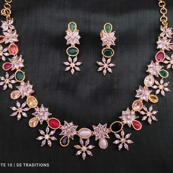 Navaratnam CZ Jewelry set/Zirconia Necklace Set/Ruby Diamond gold necklace/9 different stones necklace set/Elegant Jewelry/Pakistan Jewelry