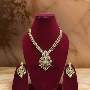 Necklace set,  India lite weight temple necklace set, Gold Lakshmi Indian JewelrySet, Indian bridal jewelry Set, wedding set,traditional set