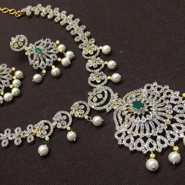 AD Bridal Necklace Set jewelry/India jewelry/emerald Studded American Diamond Necklace/Pakistan Jewelry/Statement Necklace/CZ Jewelry Set