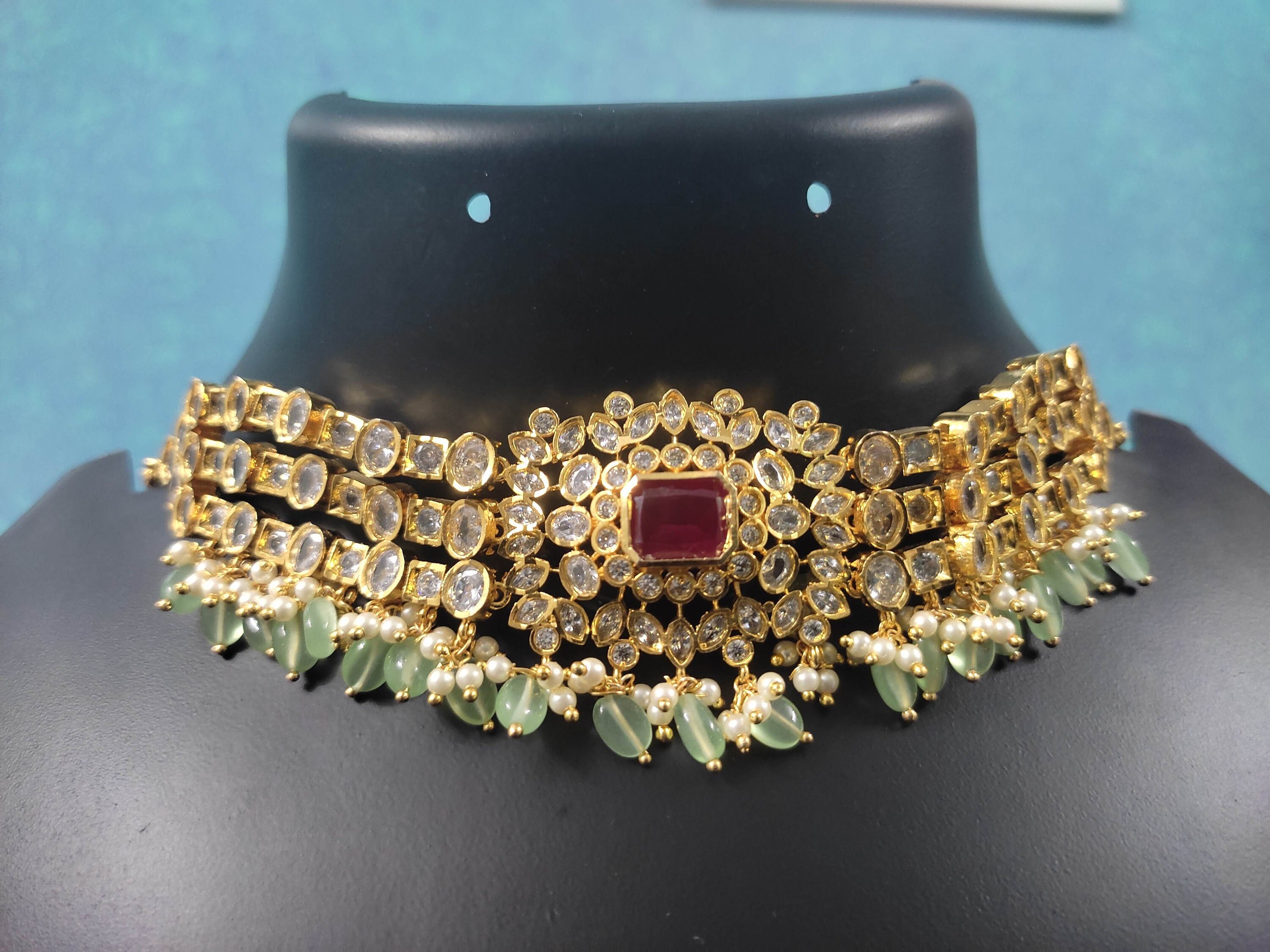 Set Di Gioielli Indiani Placcati Oro - Collana Choker E Orecchini Per Sposa O Cerimonie