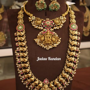 Jadau Kundan/haram/Kundan Jadau Grand Haram/ Kundan Jadau/Wedding Jewelry/kemp stone/long haram/kemp jadau/temple jewelllery/handmade jewel.