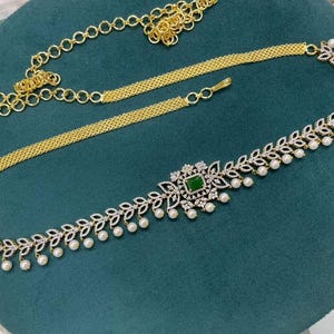 CZ Pearl Waist Belt with Green Stone Center | Indian Bridal Vaddanam | Kamarbandh Hip Chain | South Indian Wedding Jewelry Belt