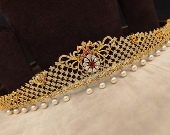 インド風ウエストベルト、キュービックジルコニア、ルビー、エメラルドのカマルバンド、伝統的なジュエリー、ウェディングジュエリー、インドのブライダルジュエリー