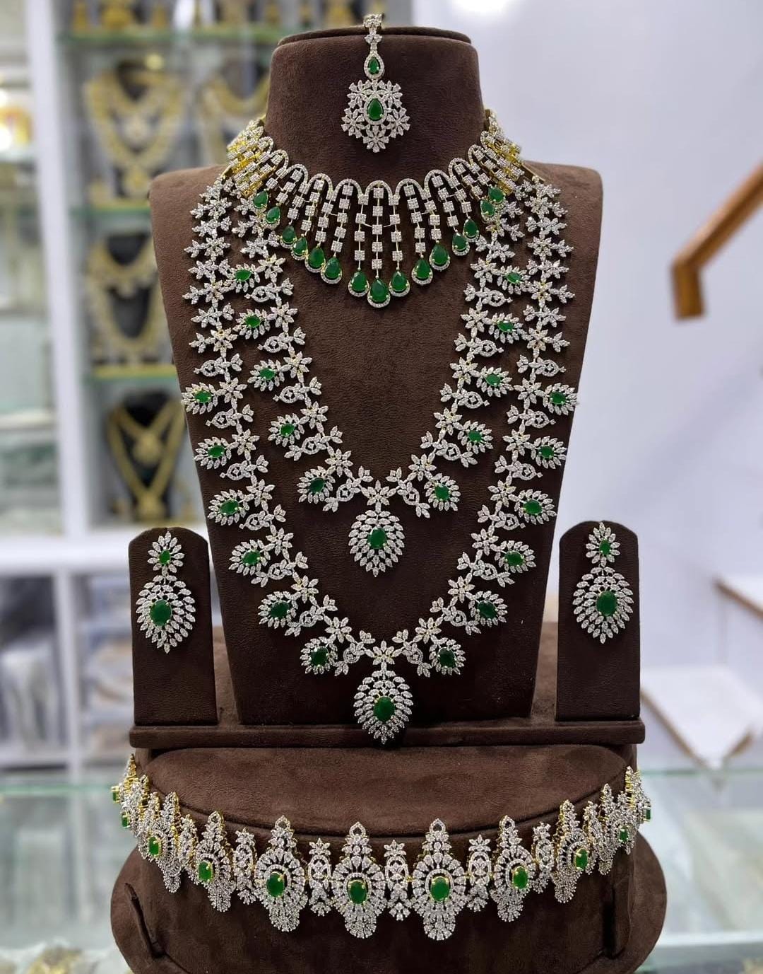 Emerald & CZ Stone Bridal Jewelry Set | American Diamond Necklace
