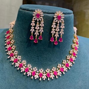 Big American Diamond bridal Necklace Earring set | Dual tone CZ Wedding Choker Necklace | Purple,Ruby,Emerald AD stone Statement Jewelry