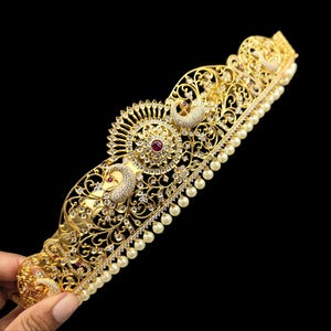 Elegant Peacock Design Gold Plated Waist Belt | Traditional Indian Kamarband with Pearl Accents | Bridal Jewelry, Temple Jewelry.