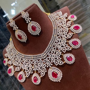 Elegant American Diamond Necklace Set/ Reception Jewelry/ Bollywood Jewelry/Bridal necklace/unquie party wear necklace.
