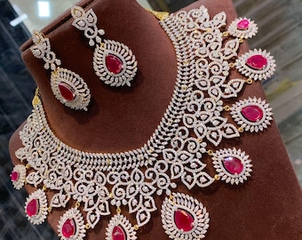 Ruby Pink CZ Bridal Choker Set, AD Stone Wedding Necklace, Designer Indian Jewelry Set, Statement Party Wear Necklace, Matching Earrings