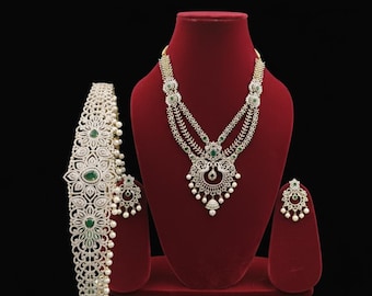 Smaragd Grün CZ Braut Schmuck Set, Amerikanische Diamant Halskette mit Taille Gürtel, Indische Hochzeit Schmuck Set, Perle Drop Party Wear Accessorie