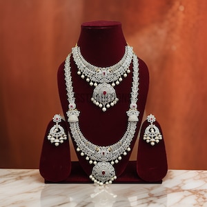 AD CZ bruidsketting set, gelaagde haram choker, ruby Indiase huwelijkssieraden, jhumkas