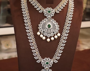 Emerald Green Bridal Jewelry Set, American Diamond Long Haram with Pendant, CZ Necklace Earrings Set, Indian Wedding Jewelry Gift