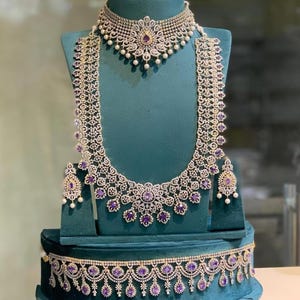 Silver CZ Diamond Necklace set ,Statement American Diamond Necklace, Indian Jewelry Pakistani Wedding Outfit Cz Zircon,bridal wear necklace.