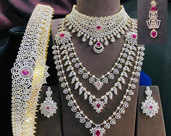 Luxus Braut Halskette Set mit langem Haram, Choker, Vaddanam und Ohrringe, Rubin Stein Hochzeit Schmuck Set für Frauen