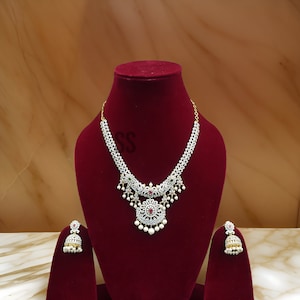 CZ Stone Necklace Set with Pearl Drops | Imitation Diamond Necklace with Jhumka Earrings | South Indian Bridal Jewellery Set | Elegant Party