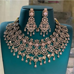Bridal Necklace Earring set | Dual tone CZ Wedding Choker Necklace | Purple,Ruby,Emerald AD stone Statement Jewelry