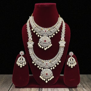 AAA bridal necklace and haram set/American Diamond Short and Long Combo NecklaceSet/India Bridal CZ Jewelry/wedding jewelry/Pakistan Jewelry