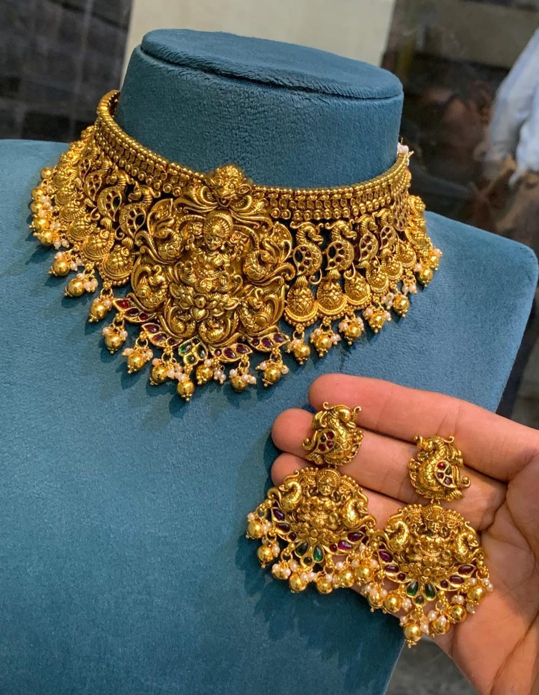 Buy Antique Gold Temple Choker Set With Pearls Ruby Emerald