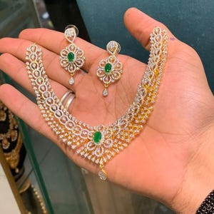 Emerald CZ Choker Necklace Set | Lightweight Party Wear Jewelry | Green Stone Necklace with Earrings | Indian CZ Jewelry