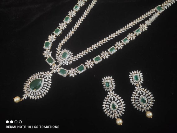 Indian Bridal long Necklace Set CZ long HAAR Set Bridal jewelry emarald Studded American Diamond Necklace Pakistan Jewelry Statement Necklac