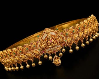 Cadena de oro para cadera Lakshmi, cinturón de danza del vientre con circonita cúbica de la India