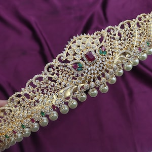 Adult size Hipbelt/Gold Polish/CZ gold vaddanam/Ruby waist belt/Bridal wedding Kamarbandh/Saree belt/Ethnic hip belt/Traditional Hip belt.