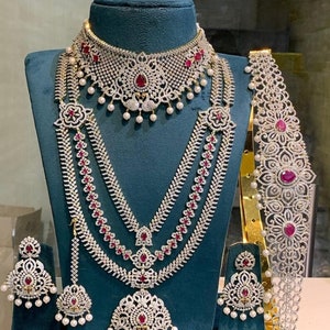 Bridal Simple Necklace, Bridal Crystal Necklace,  CZ Wedding Jewelry Set, Bridal Jewelry, South Indian jewellery, wedding jewellery.