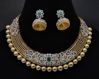 Set di collane kante India AD/Set di gioielli indiani CZ placcati in oro/Set di gioielli dell'India meridionale/Gioielli del tempio/set di nozze/set tradizionale/set corto