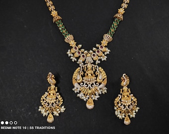 Temple Jewelry Lakshmi nakshi Necklace/emerald South Indian Bridal Wedding Jewellery/Indian Jewelry/Kempu One Gram Gold Ethnic necklace set