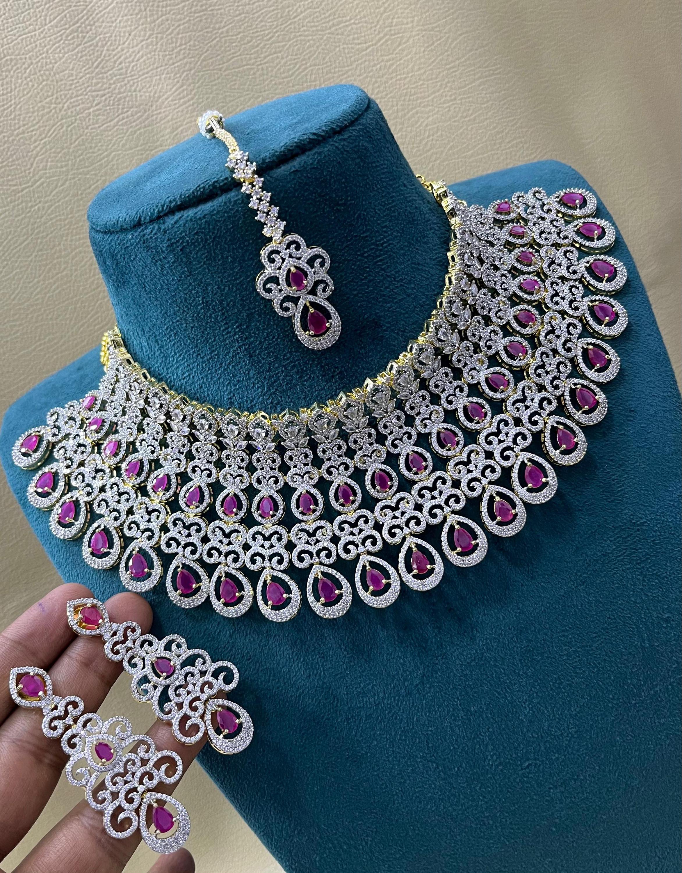 Luxury Ruby Pink CZ Bridal Choker Set, American Diamond Wedding