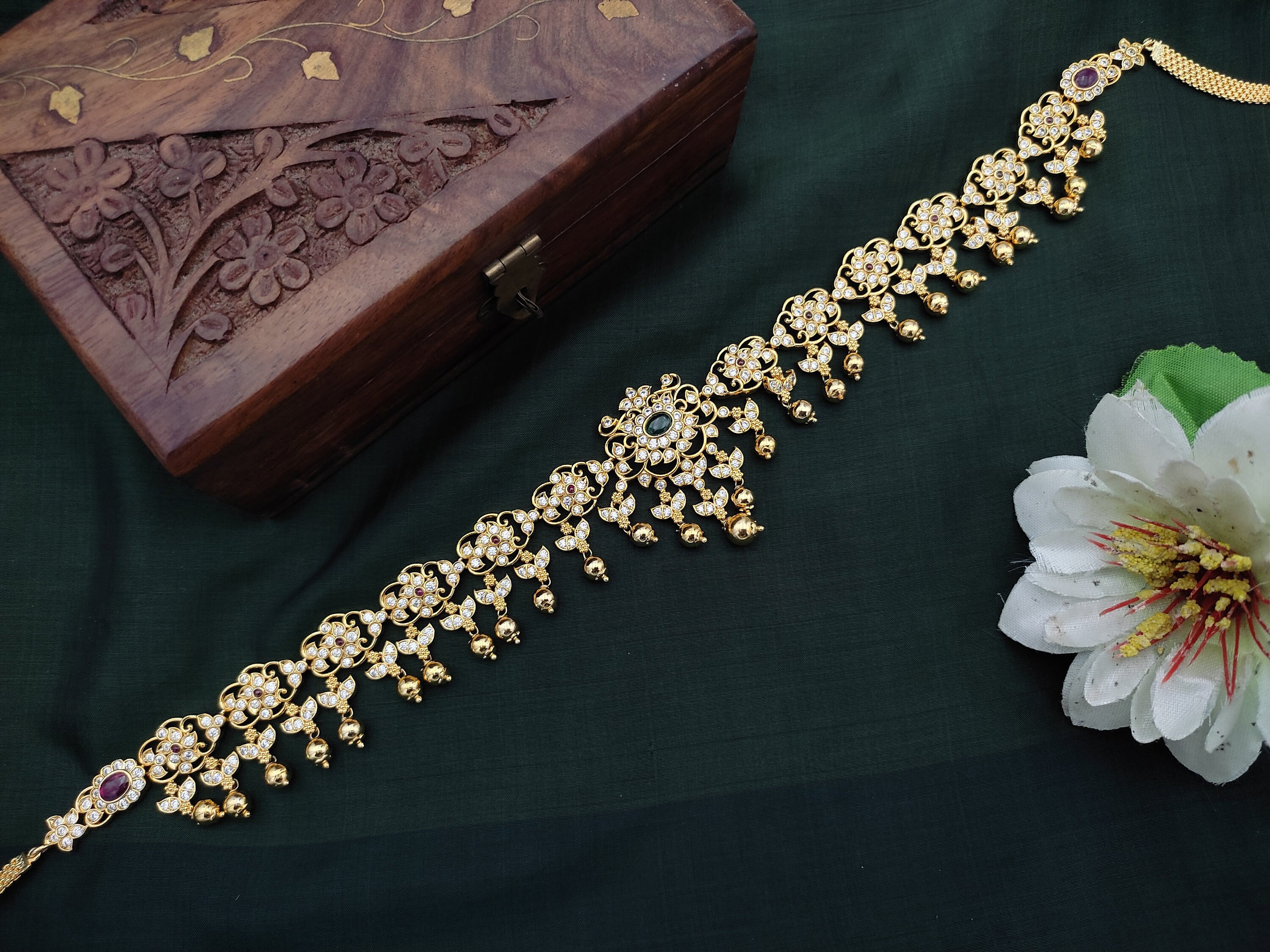 India CZ Hip Chain Waist Belt Belly Chain Indian Jewelry Antique gold Faux gold bead dangle Hip Belt Traditional Indian Hip chain