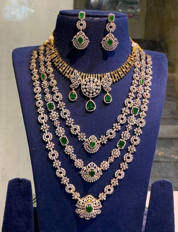 Emerald Green CZ Bridal Jewelry Set, Layered Long Haram Necklace