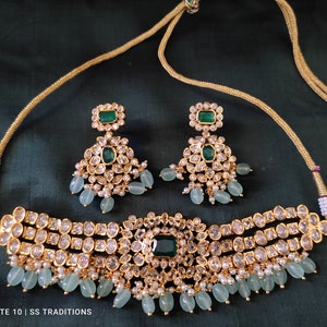 Indian choker set, uncut choker necklace set, gold plated indian bridal jewelry set, latest indian jewelry set, temple jewelry, wedding set