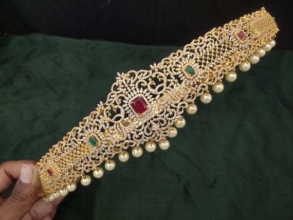 Emerald Cz Bridal Waist Belt india Gold Hip Belt heavy Stonework