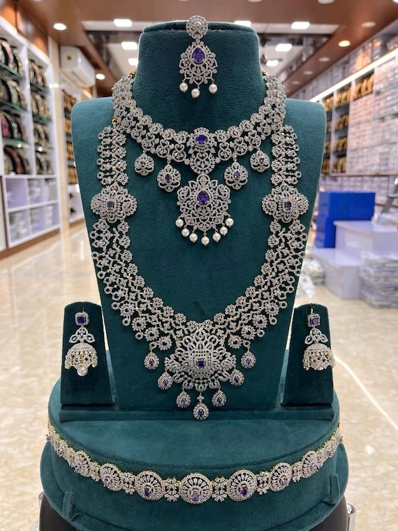 Emerald & AAA Diamond Bridal Necklace Set - Indian Wedding Jewelry