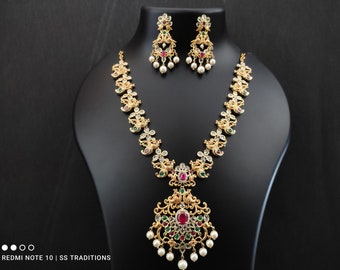 Collana Girocollo Lunga Indiana Oro Placcato - Set Gioielli Bollywood Per Sposa, Matrimonio, Tempio. Fatto A Mano In India!