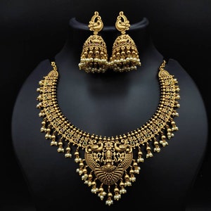 ss traditions Antique Gold Plated Short Necklace & Chandbali Earring Indian Jewelry Set | South Indian Temple Jewelry Set | Gift For Her