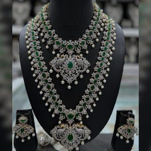Bridal Green Emerald & Diamond Necklace Set with Matching Earrings | Traditional Indian Wedding Jewelry | Pearl  Designer Jewelry Set