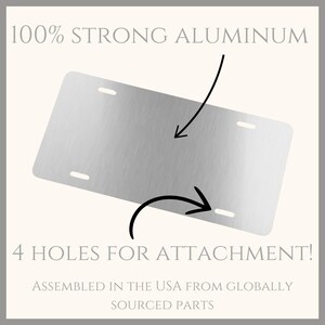 May include: A silver metal license plate blank with four holes for attachment. The plate is made of 100% strong aluminum and assembled in the USA from globally sourced parts.
