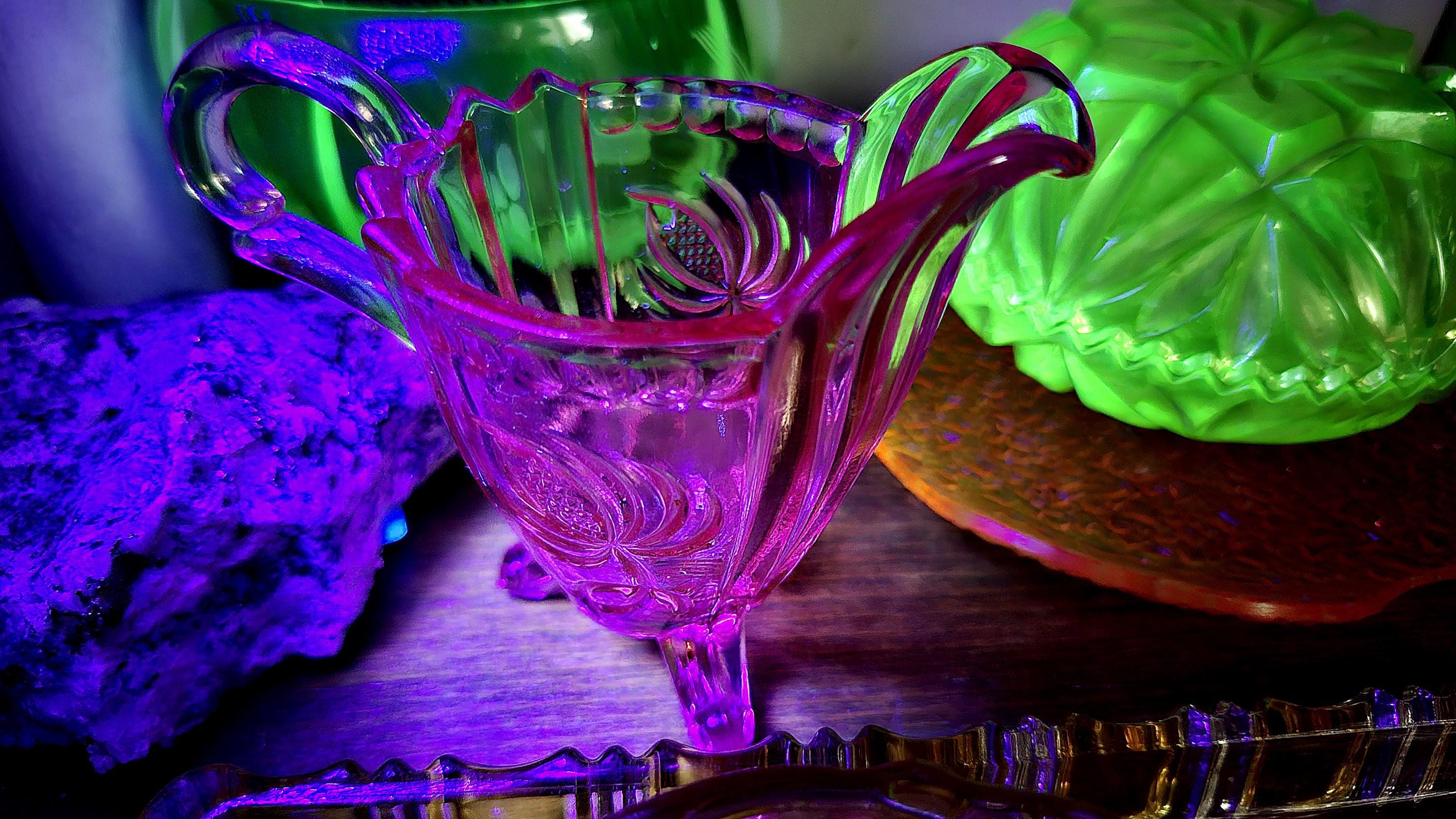 RARE vintage art deco SELENIUM glass UV glow pink reaction rosalin color flower pattern small pitcher creamer oblong footed decorative bowl