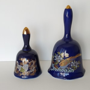 Vintage Bell , Cobalt Blue Porcelain. Hand Painted, Porcelain, Made in Japan, Taiwan, 1960s  Bells, Peacock, Storks, Floral, Gift. 2 Piecec