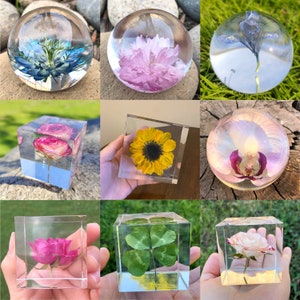 Imperfect Real Flower Resin, Resin Paperweight, Resin Cube, Four Leaf Clover, Sunflower, Cherry Blossom, Orchid, Nigella, Iris