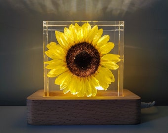 Real Lemon Sunflower Resin Block, Sunflower Night Light, Sunflower Ornament, Resin Paperweight, Gift for Her, Home Decor, Natural Gift