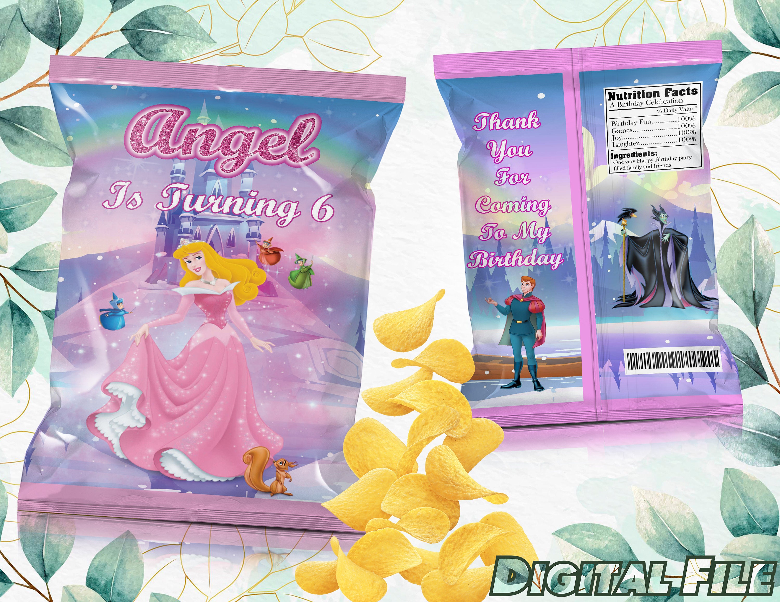 DIGITAL FILE, Sleeping Beauty Chips Bag Labels, Sleeping Beauty Candy