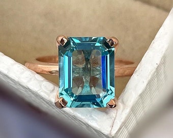 Vintage Aquamarine Engagement Ring, AAA SantaMaria Aquamarine Ring, Emerald Cut Aquamarine 14k Gold Aquamarine Ring, Antique Aquamarine Ring