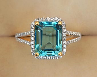 Luxury Vintage Aquamarine Engagement Ring, Emerald Cut Aquamarine Ring, Art Deco Aquamarine Halo Dual Pave Ring, Unique AAA Aquamarine.