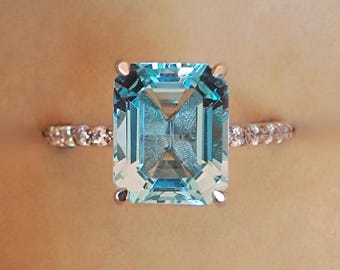 Vintage Emerald Cut Aquamarine Ring: Sterling Silver Pavé