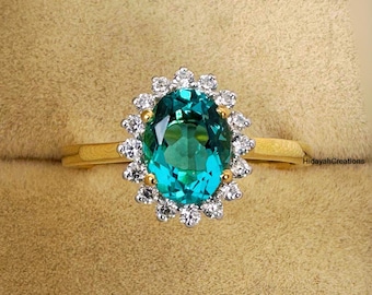 Paraiba Tourmaline Ring, Paraiba Engagement Ring, Blue Green Paraiba Halo Ring, Paraiba Oval Ring, 14k Gold Paraiba Jewelry.