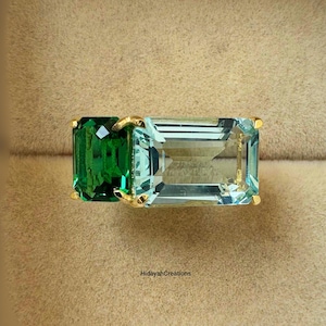 Emerald And Aquamarine Ring, Vintage Aquamarine Engagement Ring, Emerald Cut Aquamarine Ring, Emerald Antique Ring, 14k Gold Toi Et Moi Ring