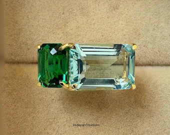 Emerald And Aquamarine Ring, Vintage Aquamarine Engagement Ring, Emerald Cut Aquamarine Ring, Emerald Antique Ring, 14k Gold Toi Et Moi Ring