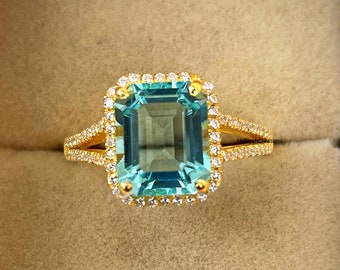 Luxury Emerald Cut Aquamarine Engagement Ring for Women, Vintage Aquamarine Halo Ring, 10x8 Art Deco Aquamarine Dual Pave Ring, Gift for her